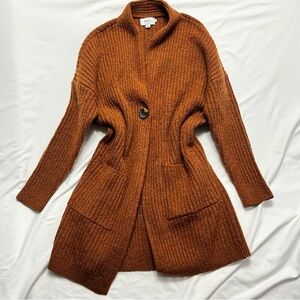 ONLY Longline Cardigan Sweater Coat Ribbed Knit Rust Brown Button M